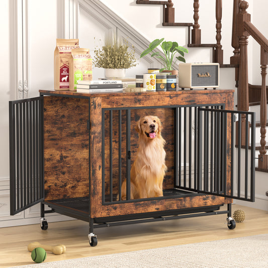 Monasem Wooden Dog Crate Furniture with Removable Tray,Heavy Duty Dog Kennels for Inside with 3 Door Wheeled for Medium to Large Dogs,38.6"L x 23.8"W x 27.4"H