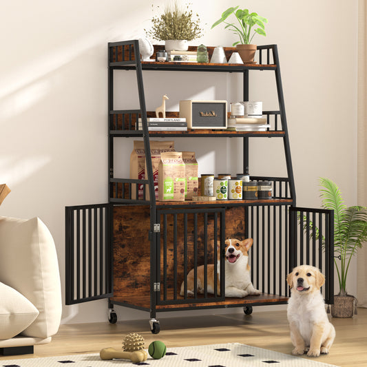 Monasem Wooden Dog Crate Furniture with Storage Shelves,Heavy Duty Dog Kennels for Inside with 2 Door Wheeled & 3-Layer for Small Medium Dogs,29.1"L x 18.9"W x 55.1"H