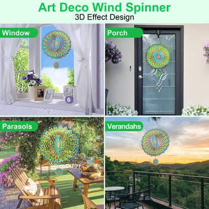 XMHOOK Wind Spinner Mandala Green Shadow, 12'' Hanging Wind Spinners, 3D Stainless Steel, Yard Art Decorations Indoor Outdoor Decorations