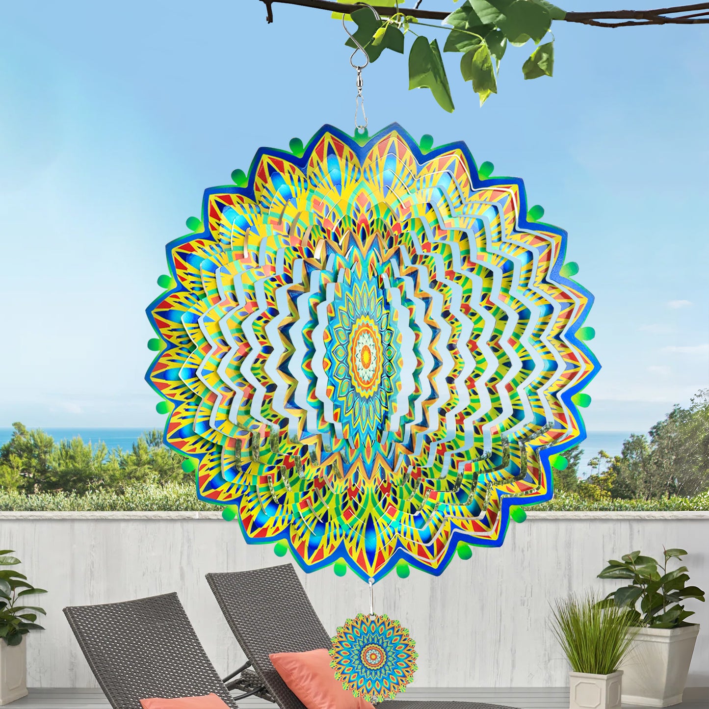 XMHOOK Wind Spinner Mandala Green Shadow, 12'' Hanging Wind Spinners, 3D Stainless Steel, Yard Art Decorations Indoor Outdoor Decorations