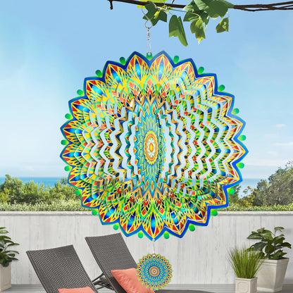 XMHOOK Wind Spinner Mandala Green Shadow, 12'' Hanging Wind Spinners, 3D Stainless Steel, Yard Art Decorations Indoor Outdoor Decorations