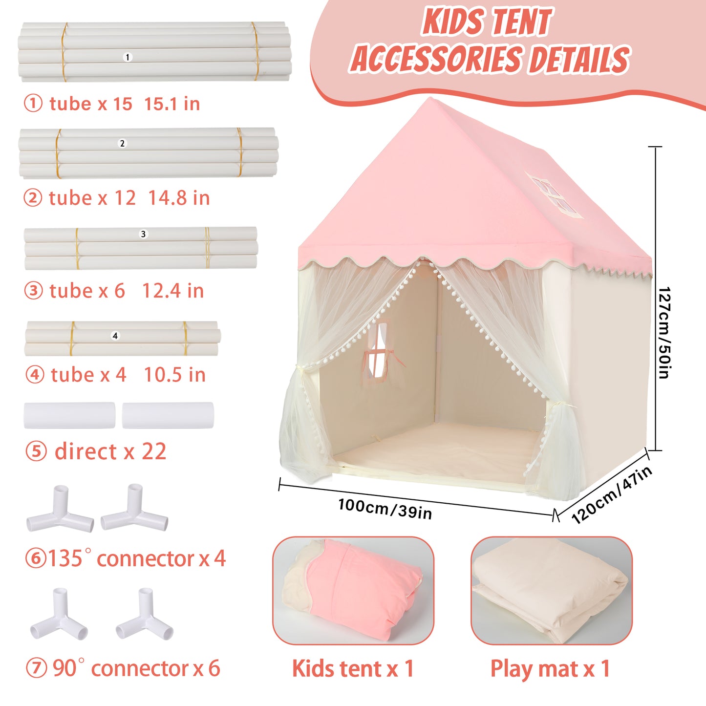 Wisairt Kids Tent, Play Tent Large Playhouse Indoor with Mat Waterproof for Boy Girl Birthday Gift for Kids, Pink